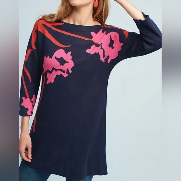 Field Flower Anthropologie Megara Floral Quarter Sleeve Tunic Sweater Navy XS - Picture 13 of 13